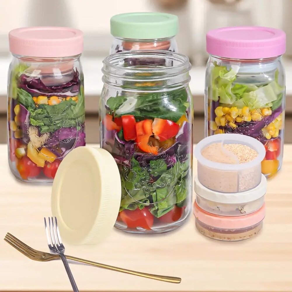 4 Pack Glass Salad Jars with Lids Meal Prep Leak proof Container 4 Color Lids